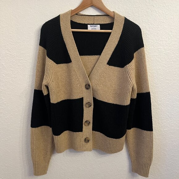 Old Navy Chunky Striped Boyfriend Cardigan S Black Tan Cotton Blend - Picture 2 of 7